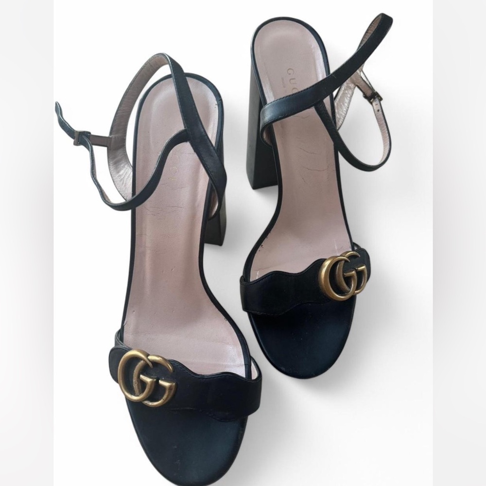 Gucci Black and Gold Heeled Sandals